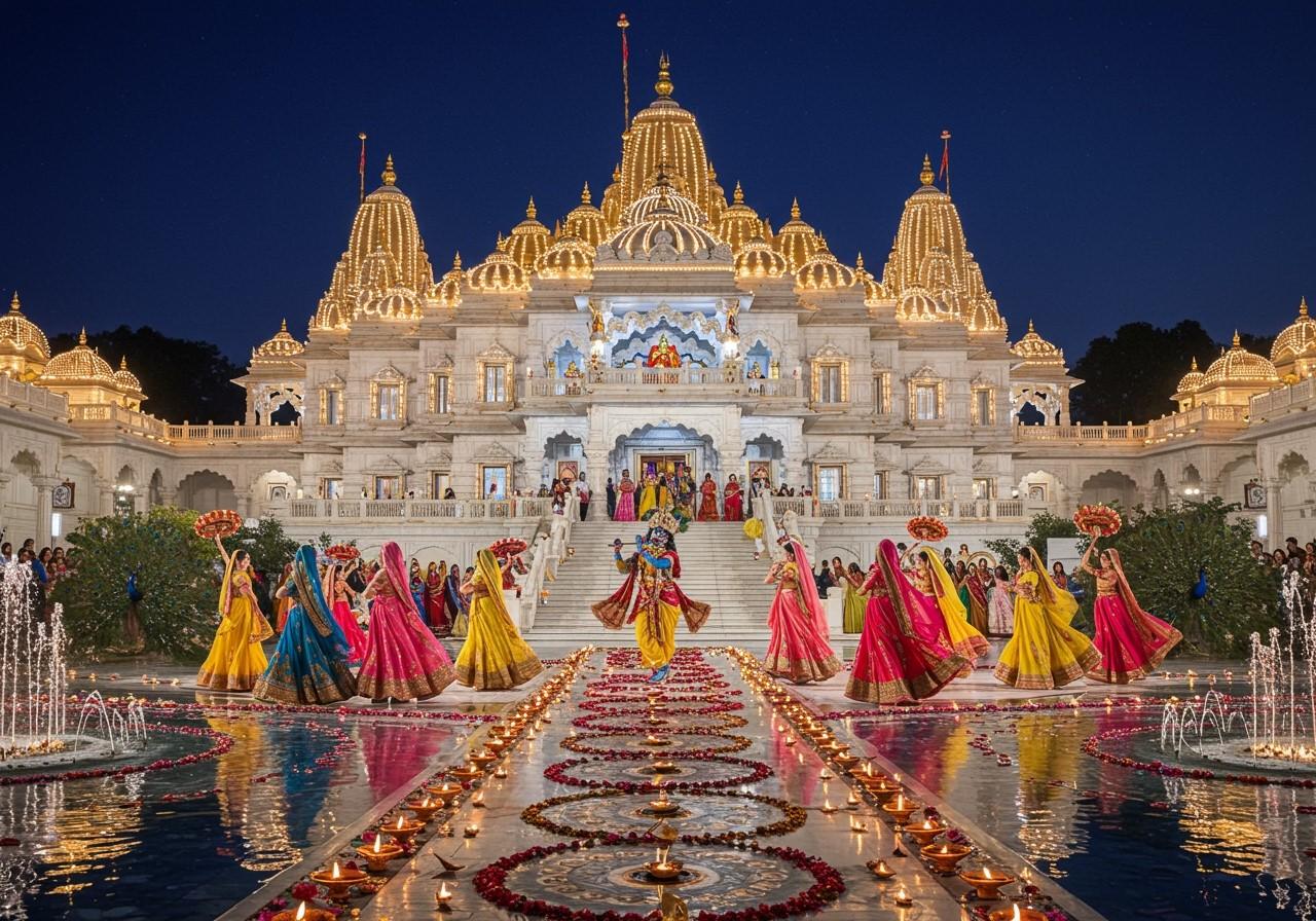 Prem Mandir Vrindavan illuminated at night
